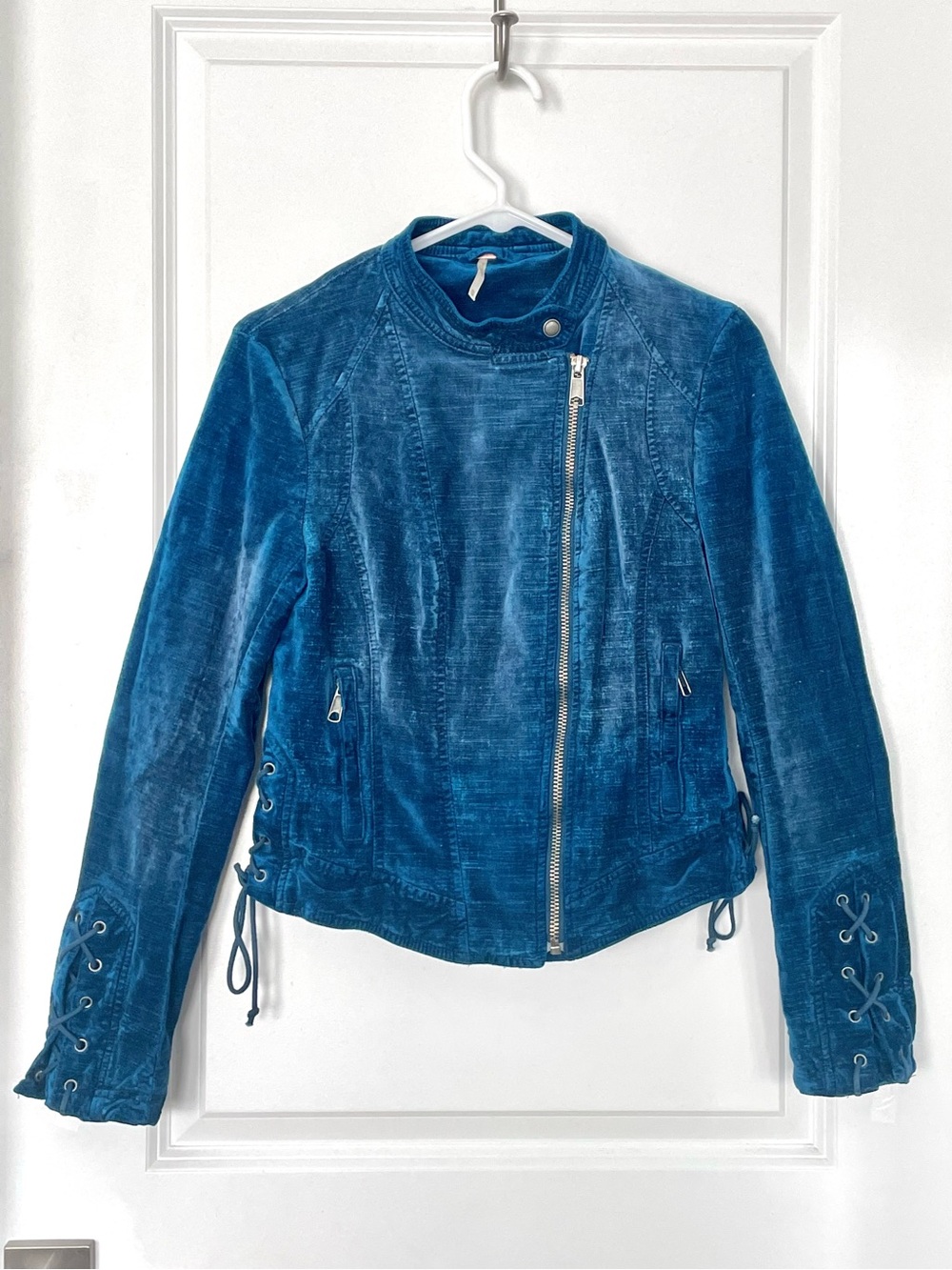 Free People “Lacey” Velvet Moto Jacket Teal Blue Lace-Up Detail